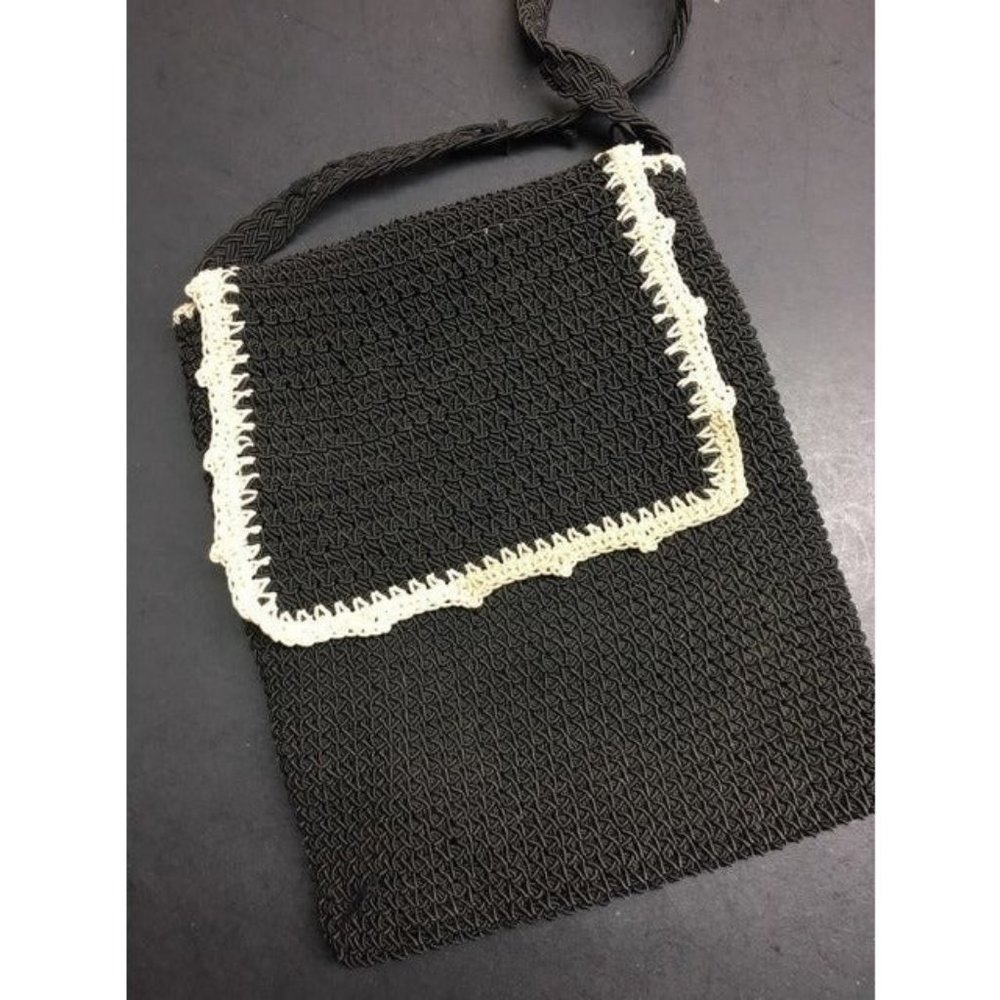 Black Beige Crochet Cross Body Purse 80S 90S Retro Boho Grunge Shabby Chic